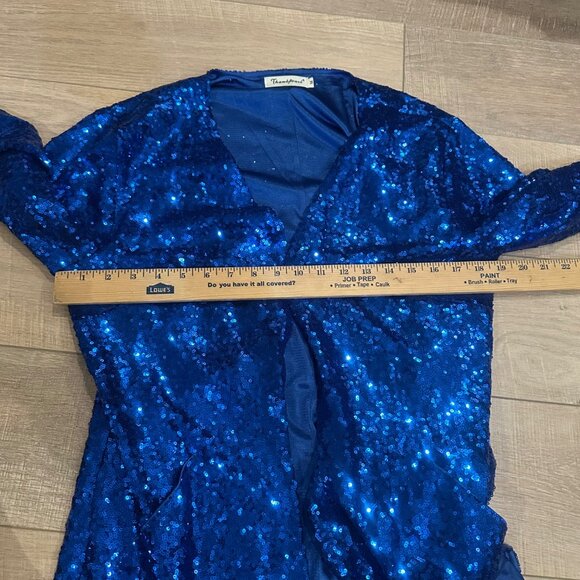 THANK PEARL WOMENS MEDIUM BLUE SEQUIN CARDIGAN SWEATER - Picture 4 of 7